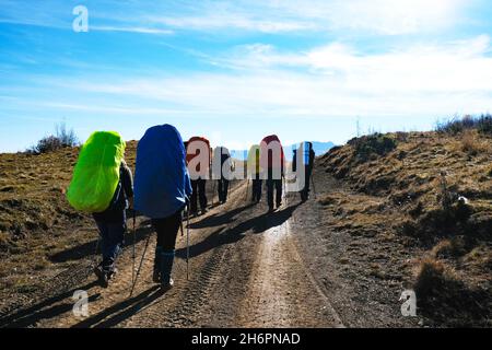 Gruppe von Reisenden mit großen Rucksäcken unterwegs. Rückansicht. Stockfoto