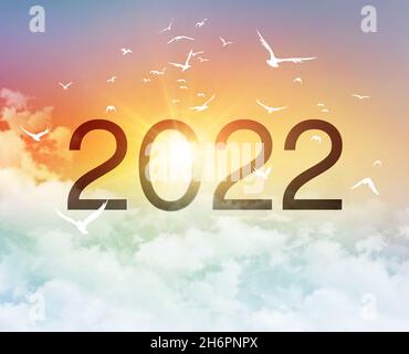 Neujahr 2022 Datumsnummer, in einem bunten schönen Himmel mit dem Morgenaufgang und einem Vogelflug, als Beginn eines neuen Tages Stockfoto