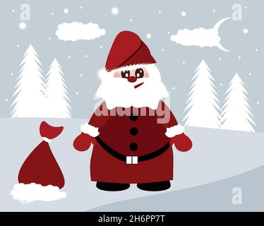 Lustiger Weihnachtsmann mit grauem Bart in einem roten Anzug mit Gürtel, mit einer Geschenktüte, auf grauem Weihnachtshintergrund. Weihnachts- und Neujahrskonzept. Ve Stock Vektor