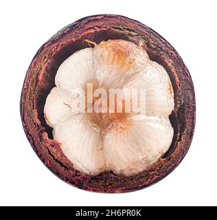 Reife geöffnete Mangostan Ansicht von oben isoliert auf Weiß Stockfoto