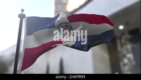 Nationalflagge der Dominikanischen Republik. Dominikanische Republik Land winkende Flagge. Illustration zu Politik und Nachrichten. Stockfoto