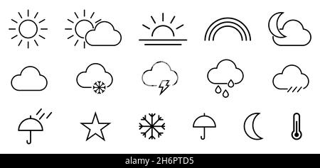 Satz von Wettersymbolen. Linienkunst. Wetter, Wolken, sonniger Tag, Mond, Schneeflocken. Vektordarstellung auf weißem Hintergrund isoliert Stock Vektor