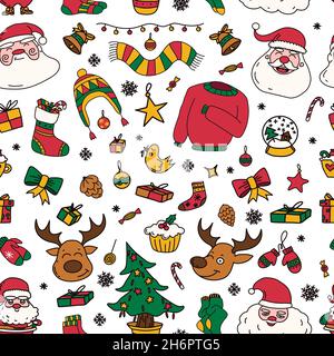 Neujahr Zeichnungen Ikonen, große Reihe von festlichen Clip-Art-Grafiken. Weihnachtliche Designelemente. Stockfoto