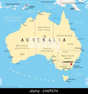Australien, politische Landkarte, mit der Hauptstadt Canberra, internen Verwaltungsgrenzen und den wichtigsten Städten. Commonwealth of Australia. Stockfoto