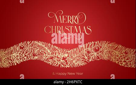 Vektor-Banner-Vorlage Für Weihnachtsgrüße. Winterurlaub Fichte und Holly Doodle Wavy Golden Stripe Dekorative Rahmen auf rotem Hintergrund. Neujahr Stock Vektor