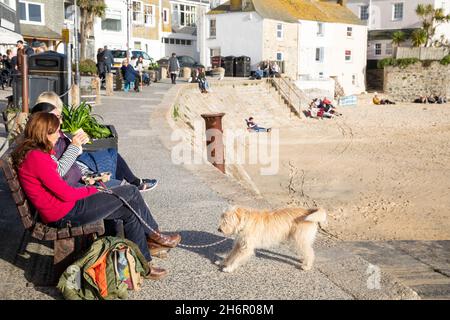 St Ives, Cornwall, 17. November 2021Menschen sitzen auf Bänken und genießen die herrliche Herbstsonne und den Blick über den Hafen in St. Ives, Cornwall. Die Temperatur war 13C. Die Prognose ist für Wolken und leichte Winde für die nächsten Tage.Quelle: Keith Larby/Alamy Live News Stockfoto