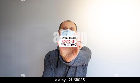 Symbol für COVID-Symptome bei Langstrecken-Kovidsymptome. Weiße Karte, Worte Langstrecke covid-19 Symptome. Ein junger Mann in grauer Kleidung und medizinischer Maske. Schöner weißer Hintergrund Stockfoto