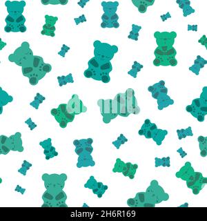 Schlafgummis Vektor nahtlose Muster Hintergrund. Hintergrund mit Gummibären in blau, grün weiß. Niedliche Kawaii-Stil-Charaktere für einen guten Schlaf Stock Vektor