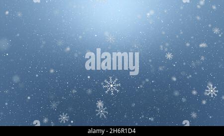 Schneeflocken auf blauem Hintergrund. Weihnachtliche Illustration mit Schneeflocken auf blauem Hintergrund, winterliche Dekoration. Stockfoto