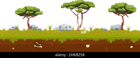 Wald-Fantasy-Landschaft mit Baum, Gras, Steinboden im Cartoon-Stil. Tropische warme Szene. UI-Spielhintergrund, horizontal. Vektorgrafik Stock Vektor