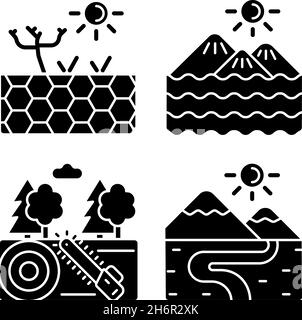 Verschiedene Landformen schwarze Glyphen-Symbole auf weißem Raum gesetzt Stock Vektor