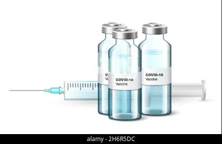 Covid-19 Impfstofffläschchen, Flaschen mit Injektionsspritze, Vektorgrafik. Coronavirus-Impfung. Stock Vektor