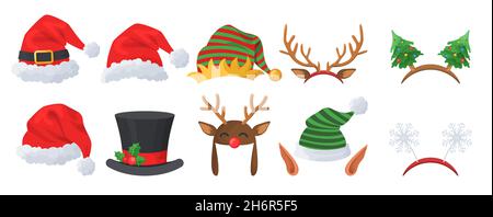 Weihnachtsmützen und -Dekorationen, Vektorgrafik. Weihnachtsmann-Hüte, lustige Elfen-Ohren, Hirschhörner, Faschingskopfbänder. Stock Vektor
