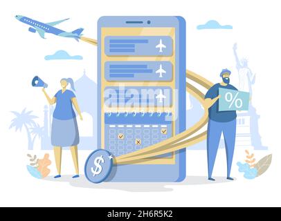 Günstige Angebote für internationale Flugtickets, Vektordarstellung. Online Flug mobile Buchungsservice. Reisen Sie mit dem Flugzeug. Stock Vektor