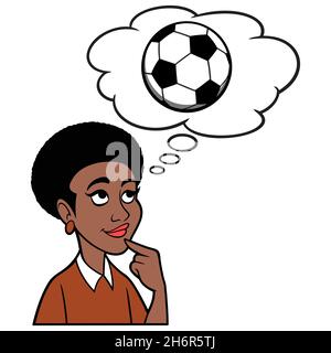 Woman Thinking about Soccer - Eine Cartoon-Illustration einer Frau, die an ein Fußballspiel denkt. Stock Vektor
