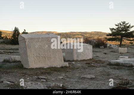 Dekorierte Stećci (mittelalterliche Grabsteine) des Weltkulturerbes Dugo Polje in der Nähe von Risovac (Jablanica, Bosnien und Herzegowina) im Naturpark Blid Stockfoto
