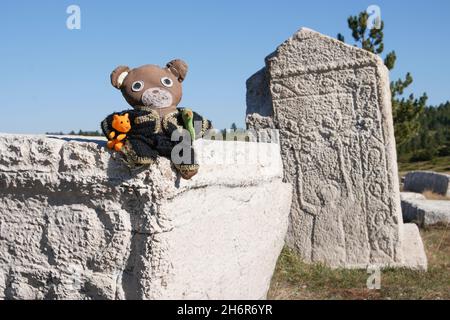 Dekorierte Stećci (mittelalterliche Grabsteine) des Weltkulturerbes Dugo Polje in der Nähe von Risovac (Jablanica, Bosnien und Herzegowina) im Naturpark Blid Stockfoto