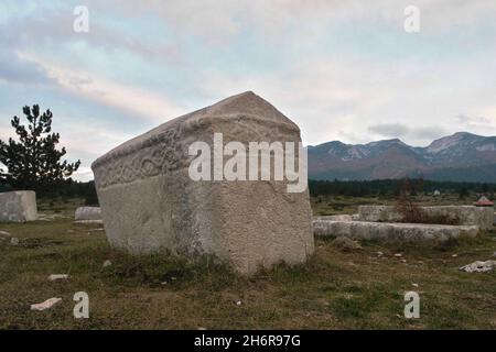 Dekorierte Stećci (mittelalterliche Grabsteine) des Weltkulturerbes Dugo Polje in der Nähe von Risovac (Jablanica, Bosnien und Herzegowina) im Naturpark Blid Stockfoto