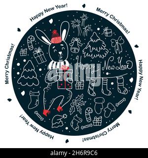 Set von Elementen für Weihnachten Design. Weihnachtshase mit Geschenk, Weihnachtsstrumpf und Baum, Spielzeug und Geschenken in Doodle-Stil weiße Linie auf dunkelblau Stock Vektor