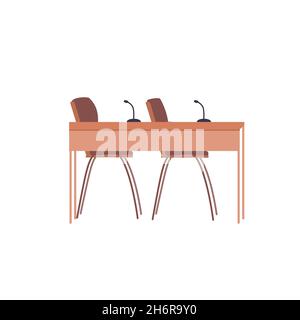 Flacher Cartoon Konferenz Arbeitstisch mit Mikrofonen und Stühlen, elektronische Geräte, Möbel und Büroinnenelemente Vektor-Illustration Konzept Stock Vektor
