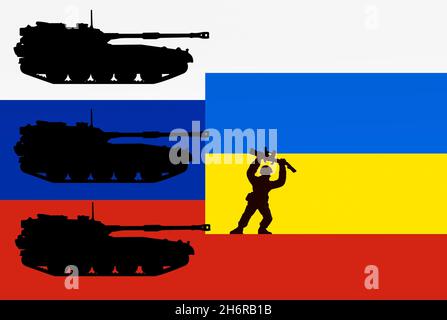 Die Panzer auf der Flagge Russlands mit der Flagge der Ukraine überlagert. Russland/Ukraine Spannung, Konflikt, Invasion, Krieg..., Konzept Stockfoto