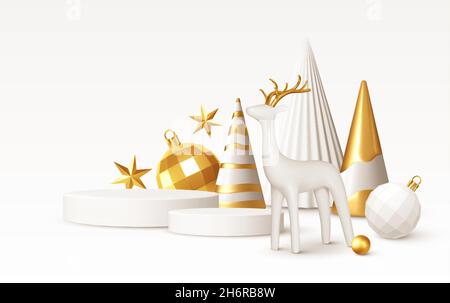 Weihnachtlich realistische 3D-Trendhintergründe. 3D geometrische minimalistische Weihnachtsbaumdekoration für Flyer, Banner, Werbung. Vektor Stock Vektor