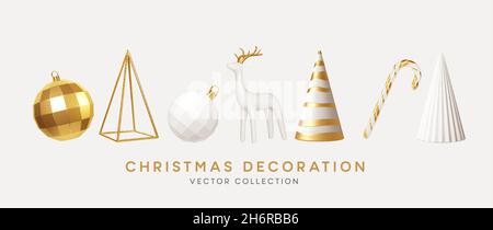 Weihnachtsdekoration Vektor-Kollektion. Set von realistischen 3d Weißgold trendige Dekorationen für weihnachten Design isoliert auf weißem Hintergrund Stock Vektor