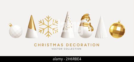 Weihnachtsdekoration Vektor-Kollektion. Set von realistischen 3d Weißgold trendige Dekorationen für weihnachten Design isoliert auf weißem Hintergrund Stock Vektor