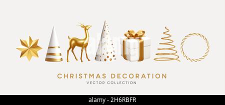 Weihnachtsdekoration Vektor-Kollektion. Set aus realistischen 3d-Ornamenten in Weißgold für weihnachtliches Design, isoliert auf weißem Hintergrund Stock Vektor