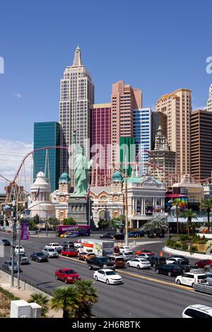 Las Vegas, NV, USA - 30. August 2017: Die Architektur des New York-New York Casinos und Hotels zeigt viele der New Yorker Ikonen in Las Vegas. Stockfoto