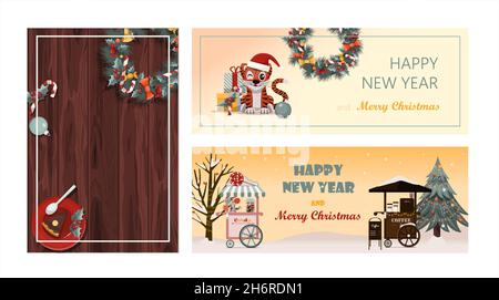 Set von flachen Vektor-Banner Frohe Weihnachten und Frohes neues Jahr. Cartoon Weihnachtsvorlage mit festlichen Dekorationen und Essen. Hintergrund für Postkarten Stock Vektor