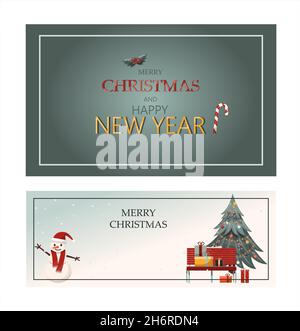 Set von flachen Vektor-Banner Frohe Weihnachten und Frohes neues Jahr. Cartoon Weihnachtsvorlage mit festlichen Dekorationen und Essen. Hintergrund für Postkarten Stock Vektor