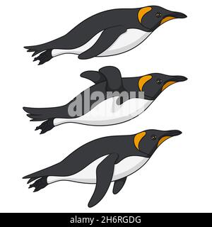 Set von farbigen Illustrationen mit Pinguinen, die im Wasser schwimmen. Isolierte Vektorobjekte auf weißem Hintergrund. Stock Vektor