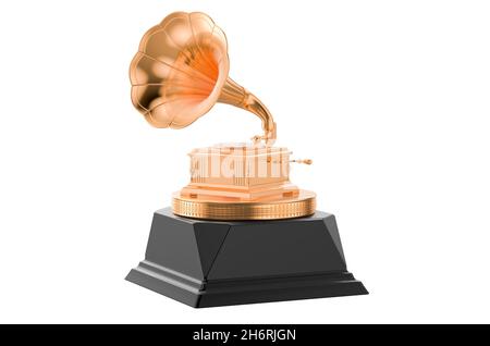 Gold-Grammophon. Music Award-Konzept, 3D-Rendering isoliert auf weißem Hintergrund Stockfoto