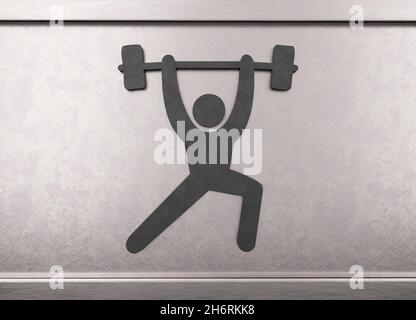 Langhantel Gewichtheben Training Metall Symbol Person Heben Langhantel Symbol auf silbernen Metall Wand Hintergrund Stockfoto