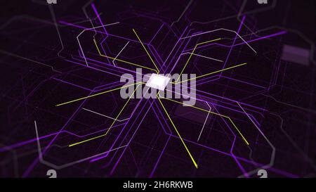 Abstract elektronische Schaltung für die Verteilung von Elektrizität in einem städtischen Umfeld. Runing-Signale auf schwarzem Hintergrund von der Mitte in die s Stockfoto