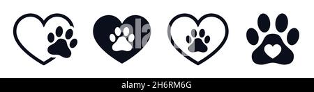 Herzsymbol mit Tierpfote-Aufdruck des Vektorsymbols für Hunde oder Katzen Stock Vektor