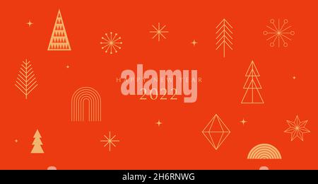 Einfache Weihnachten Hintergrund, elegante geometrische minimalistischen Stil. Banner für ein frohes neues Jahr. Schneeflocken, Dekorationen und Weihnachtsbäume Elemente. Retro-sauber Stock Vektor