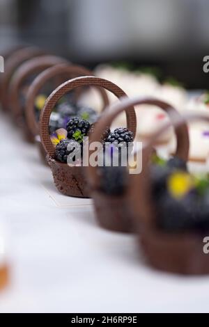 Vielfalt der Kuchen. Konditor. Zuckerkuchen auf dem Tisch. Früchtedessert Stockfoto