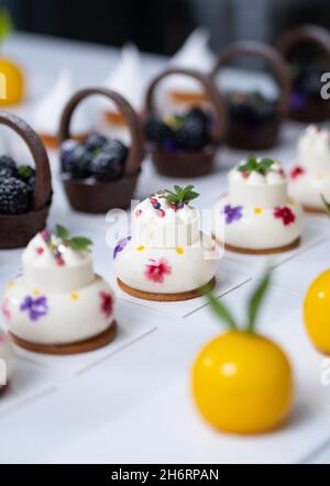 Vielfalt der Kuchen. Konditor. Zuckerkuchen auf dem Tisch. Früchtedessert Stockfoto