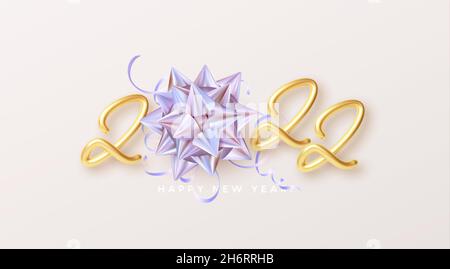 2022 Neujahr Party Poster. Jahreszahl mit goldener Geschenkschleife. Vektorgrafik Stock Vektor