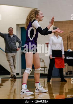 Volleyball-Action mit Snake River und Sugar Salem High School in Coeur d'Alene, Idaho. Stockfoto