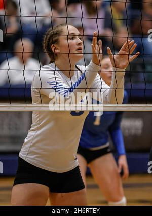 Volleyball-Action mit Snake River und Sugar Salem High School in Coeur d'Alene, Idaho. Stockfoto