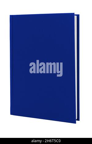 Blaues Hardcover-Buch aufrecht auf weiß mit Schneideweg Stockfoto