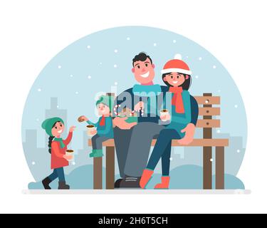 Eine Familie in einem Winterpark trinkt heiße Getränke und isst Süßigkeiten. Picknick im Winter auf der Bank. Vektorgrafik im flachen Stil. Stock Vektor