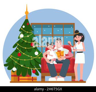 Eltern mit Kind öffnen Weihnachtsgeschenke in der Nähe von festlichen Weihnachtsbaum. Zeichentrickfiguren. Winterfeiertag. Geschenk geben, Weihnachtstradition. Stock Vektor