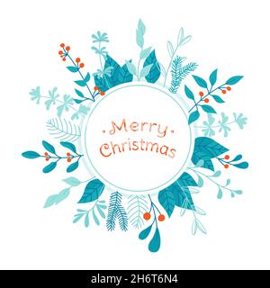 Frame-Gruß Frohe Weihnachten und Neujahr. Winter Vorlage Zweig Hintergrund für Text Weihnachten Herzlichen Glückwunsch. Urlaub Beere, Tannenbaum Winter Doodle Design. Festliches Poster oder Grußkarte Stock Vektor