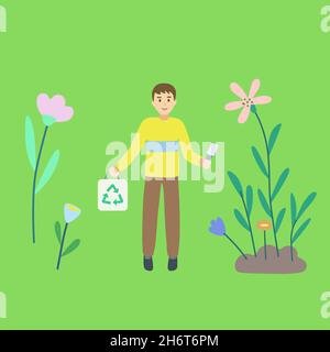 Ein Mann mit Öko-Glühbirne in den Händen und einem Paket mit Recycling-Symbol auf grünem, natürlichem Hintergrund. Stock Vektor