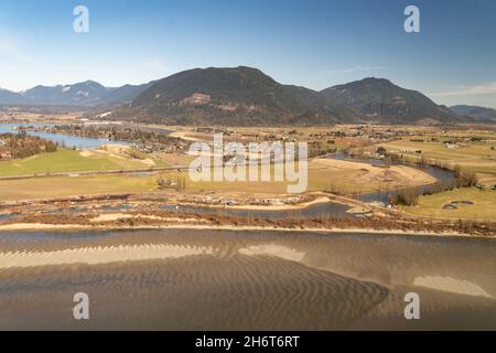 Fraser River während einer Dürreperiode zeigt die Deiche, die die Summas-Schlucht im unteren Fraser River Valley in der Stadt Chilliwack schützen. Stockfoto