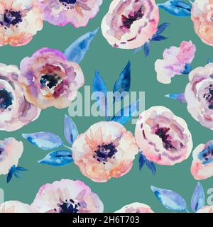 Aquarell-Nahtloses Muster mit abstrakt zarten Anemonblüten. Stockfoto